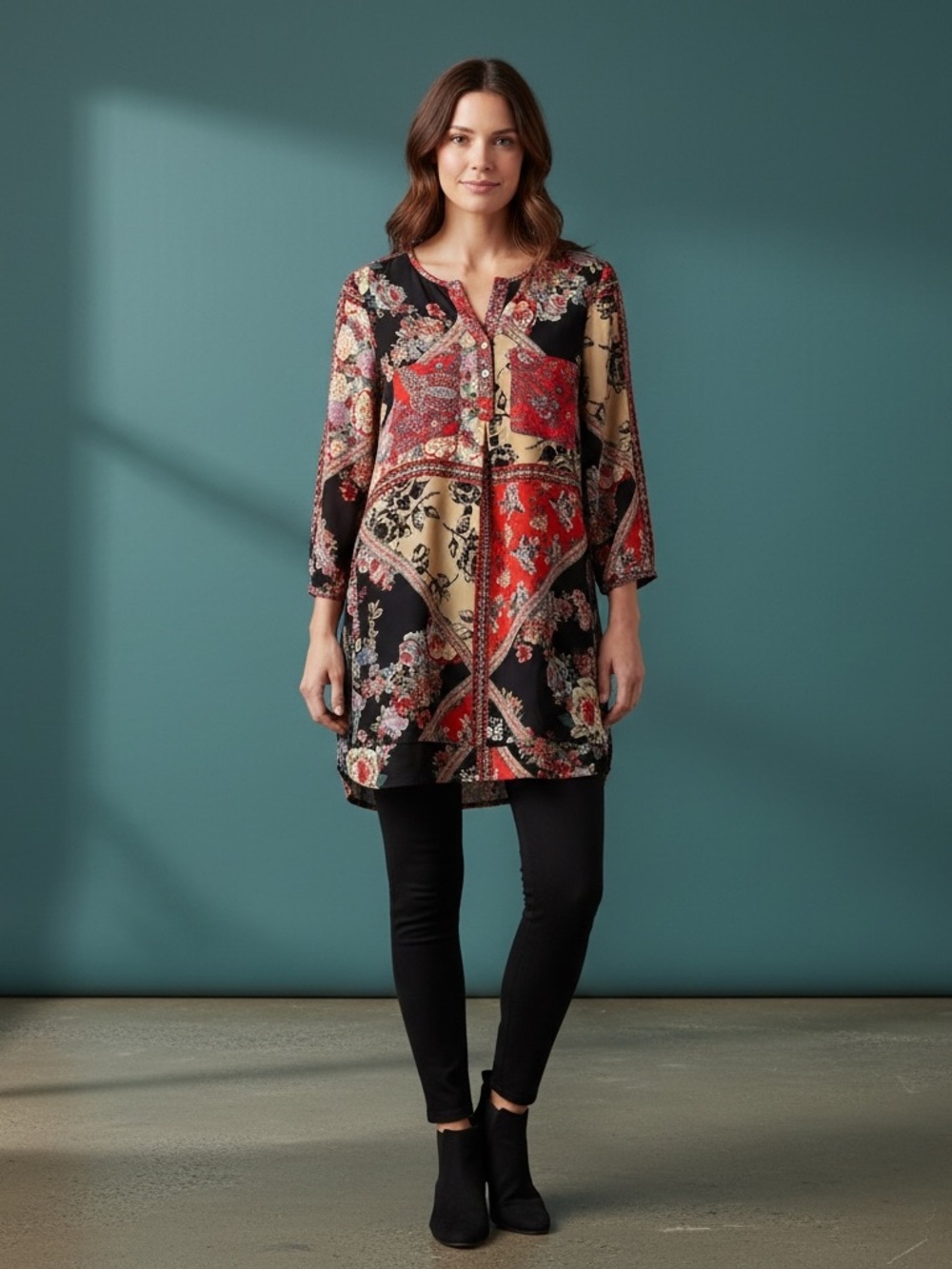Fig and Flower Black and Red 3/4 Sleeve Graphic Tunic with Mandarin Collar